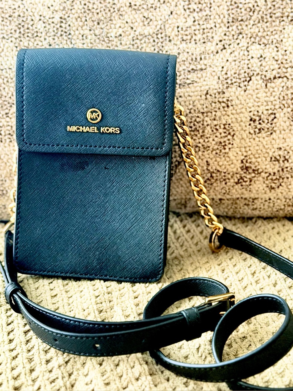 Michael Kors Navy Saffiano Crossbody Phone Pouch with Gold Chain